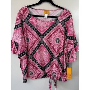 NWT Ruby‎ Rd Plus Size Hot Pink /Black Side Tie Blouse W Bell Sleeves Size 2X